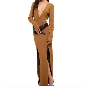 LIONESS | OPULENCE Brown Plunging V Neck Leg Split Sweater Knit Maxi Dress Small